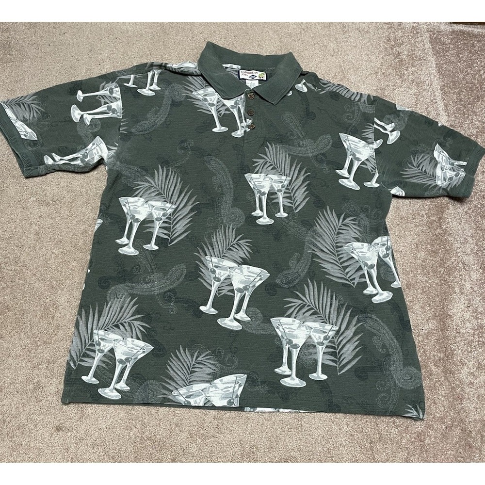 Caribbean Joe Vintage Men's Hawaiian Polo Shirt L Green Martini Glasses